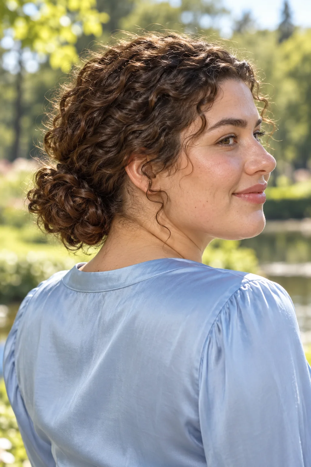 Natural brown ringlets in a compact low bun with curl definition preserved across the crown