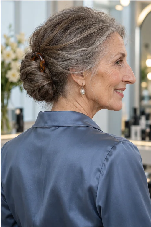 Ash brown hair in a compact oval bun held by a simple curved tortoiseshell French pin