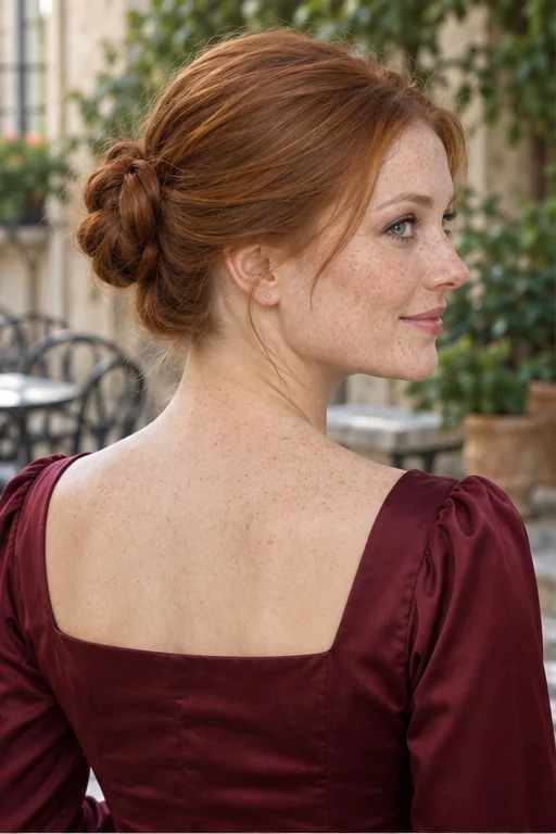 Auburn hair gathered into a compact knot midway between crown and nape