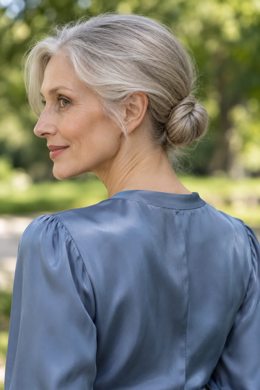 Silver hair swept into a compact low coil behind one ear rather than centered