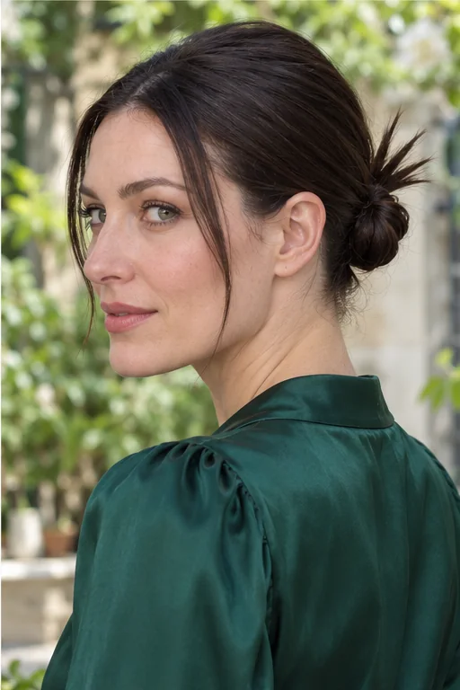 Dark hair in a compact mid-low knot with a short controlled fan of straight tips
