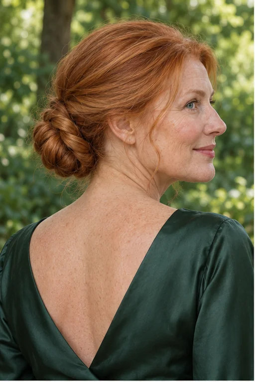 Copper hair in a low compact bun with a visible two-strand rope winding around the base