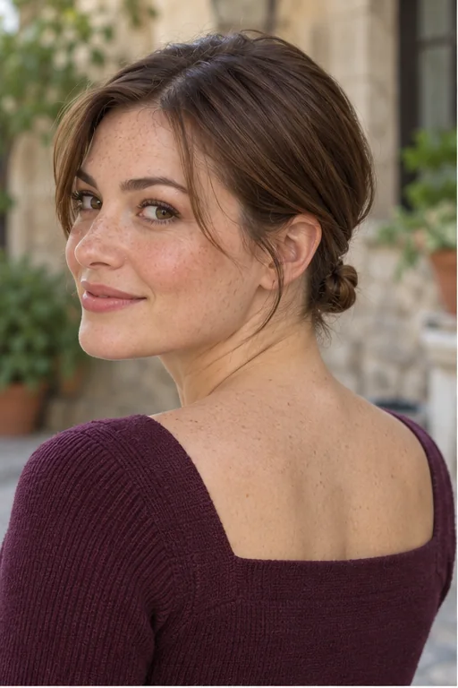 Collarbone brown hair tucked into a tiny low folded bun with shorter side pieces pinned