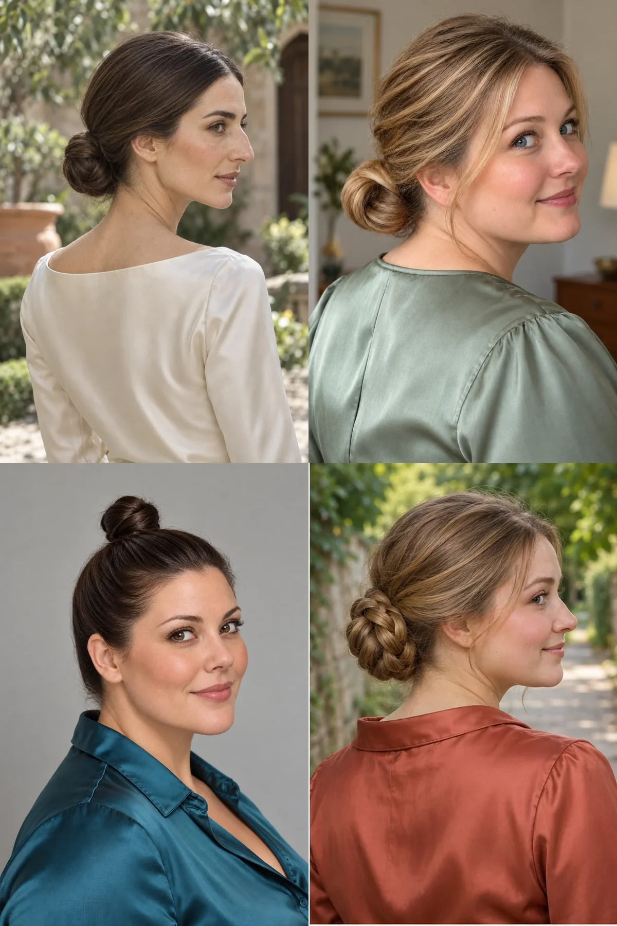 Four compact minimalist bun shapes showing a low coil, folded loop, high knot and braided coil
