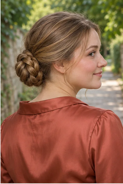Dark blonde hair braided into one three-strand plait and coiled into a low compact bun
