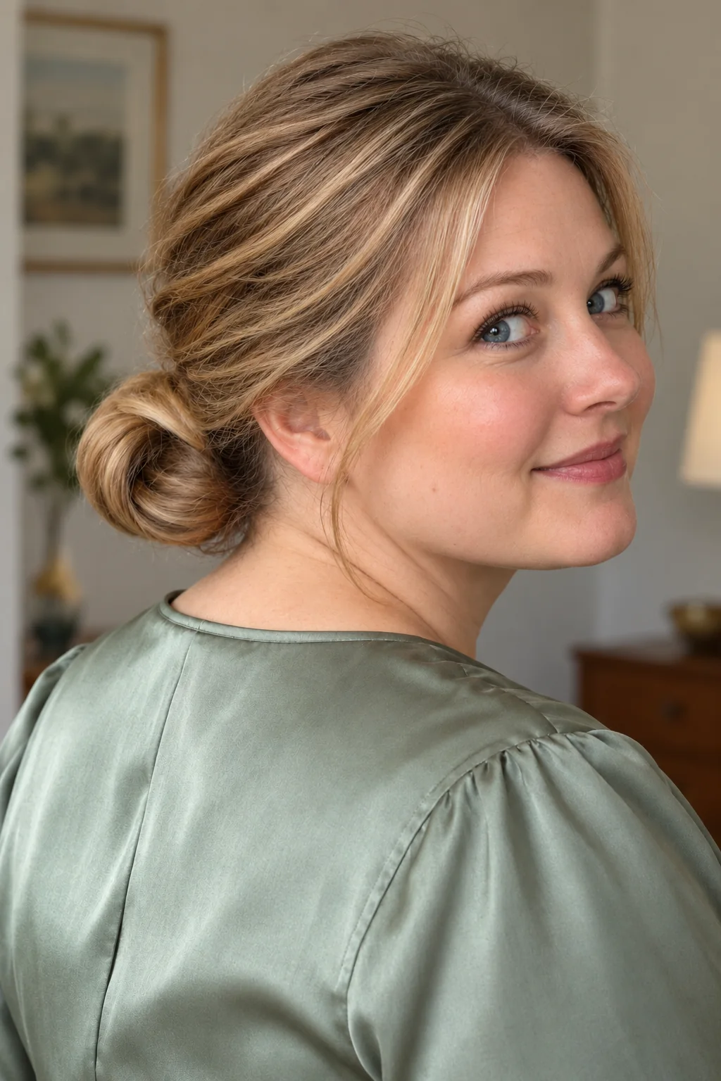 Dark blonde hair folded into a single horizontal loop at the nape with the ends tucked