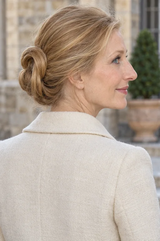 Honey blonde hair formed into one compact upright oval loop at the lower back of the head