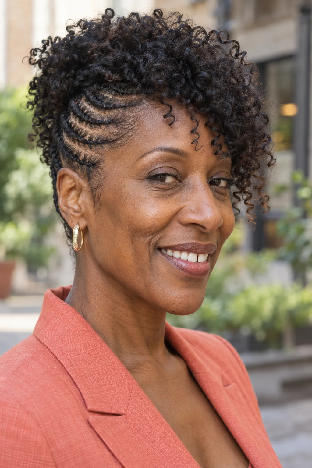 Woman in three-quarter view with a few clean cornrows leading upward into loose forward-falling tight curls