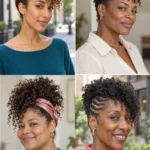 Four pineapple updos showing a forward ringlet cascade, short coils, scarf foundation and braided sides with loose curls