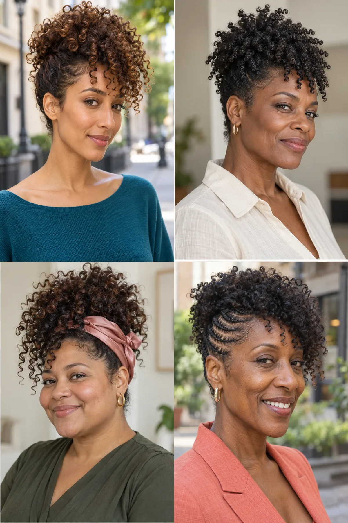 Four pineapple updos showing a forward ringlet cascade, short coils, scarf foundation and braided sides with loose curls