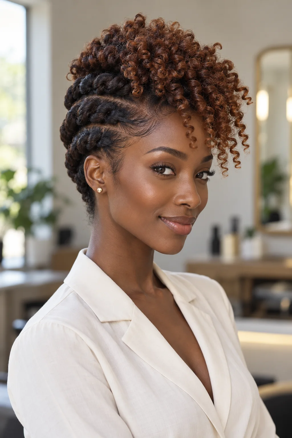 Woman shown in three-quarter view with broad flat twists up the sides into a high loose curly pineapple