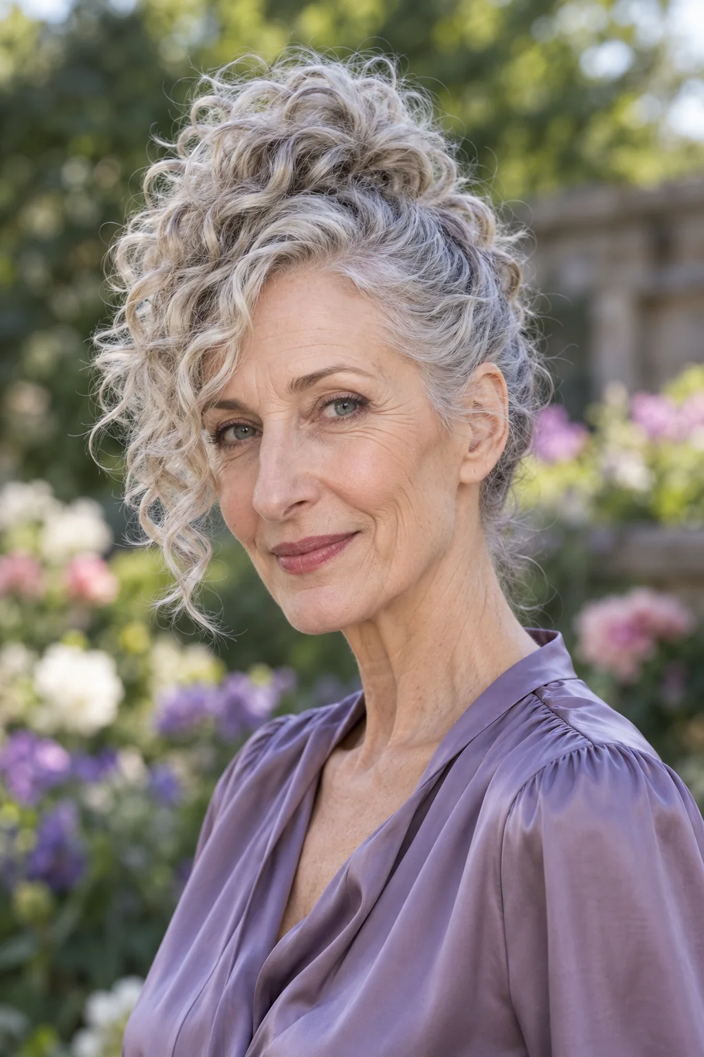 Woman with silver curls gathered slightly off center and cascading toward one temple