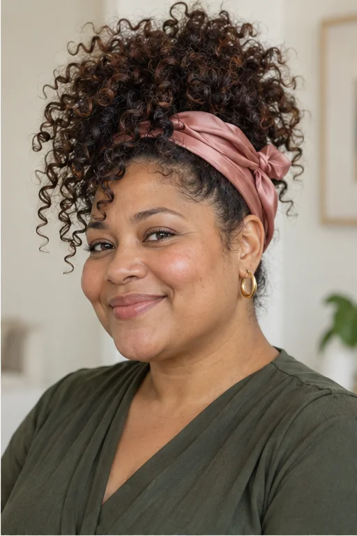 Woman with a plain rose satin scarf around the base of a high pineapple and loose curls spilling forward