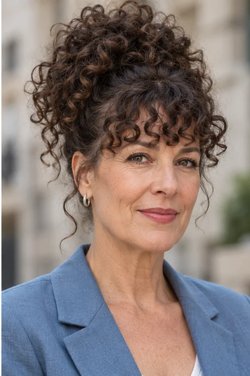 Woman with a high pineapple of dark curls and a separate brow-skimming curly fringe