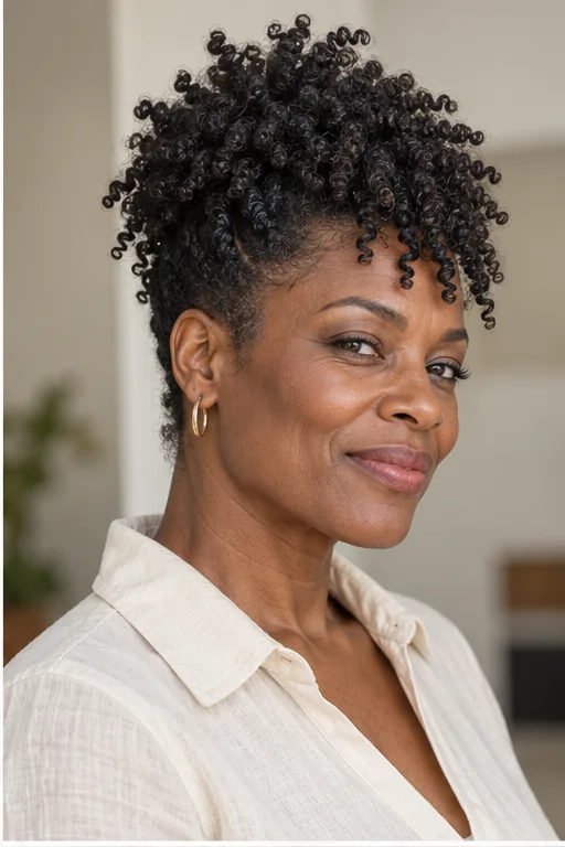 Woman with short tight coils gathered high into a small loose cluster tipping forward