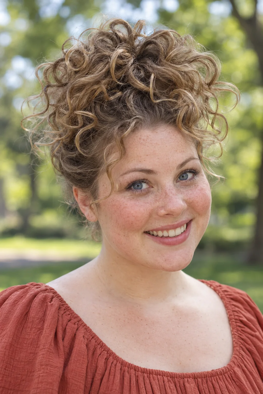 Woman with large loose dark-blonde curls fanning forward and sideways from a high gathering