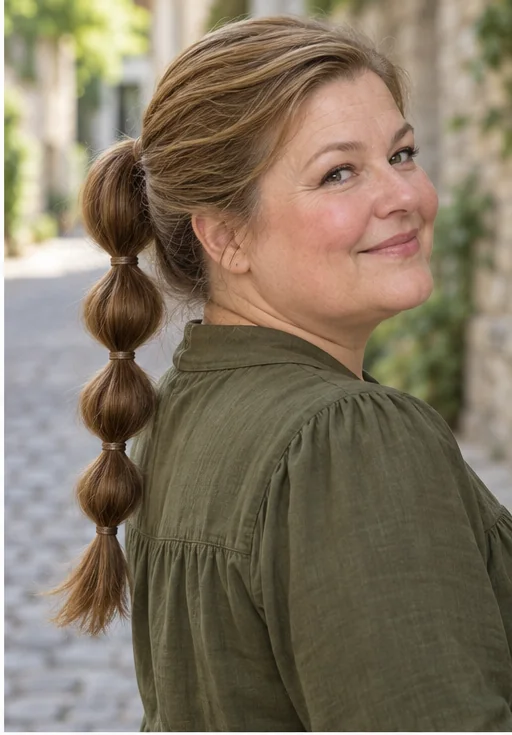 Honey brown mid-height ponytail divided into four softly rounded bubbles with small matching bands
