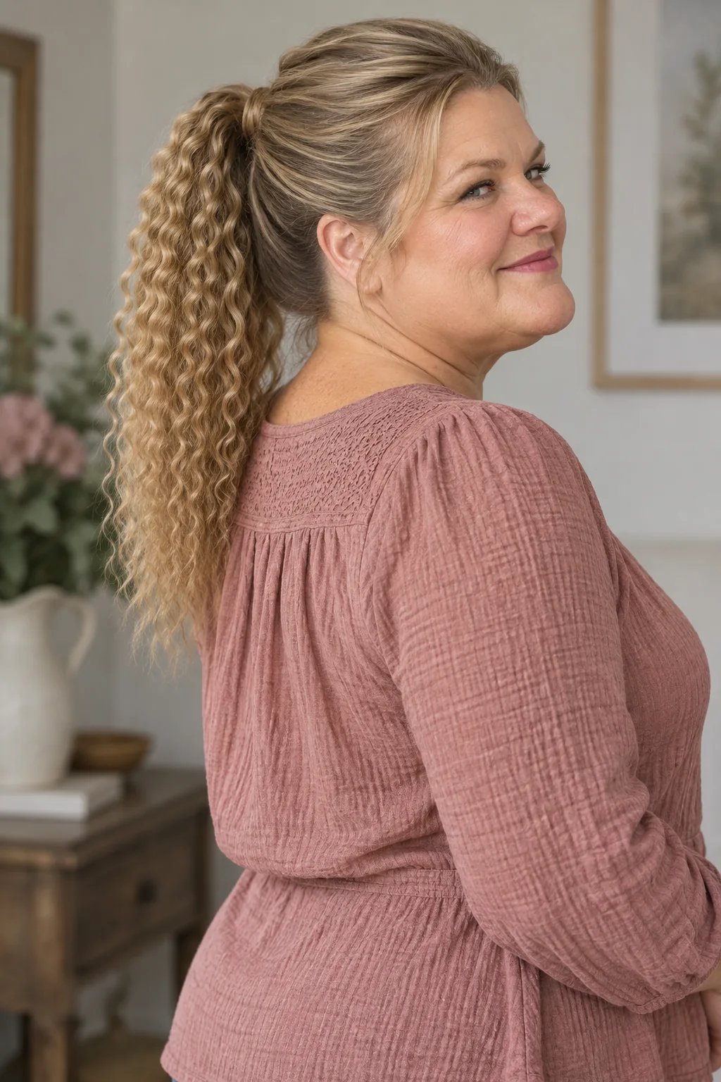 Dark blonde mid-height ponytail with smooth roots and fine repeated crimped waves throughout the free tail