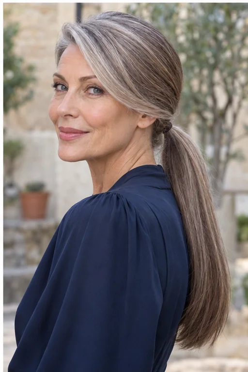 Silver brown hair with a deep side part and smooth diagonal front sweep leading to a straight low ponytail