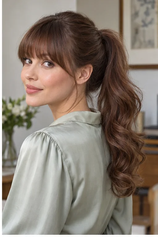 Chestnut hair with a full brow-level fringe and a mid-height ponytail with soft curled ends