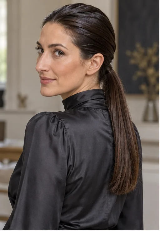 Dark brown hair with glossy combed-back roots and a narrow straight mid-low ponytail