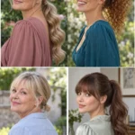 Four ponytail hairstyles showing low waves, high curls, a short gathered bob and a full fringe