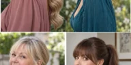 Four ponytail hairstyles showing low waves, high curls, a short gathered bob and a full fringe
