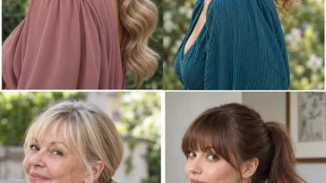 Four ponytail hairstyles showing low waves, high curls, a short gathered bob and a full fringe