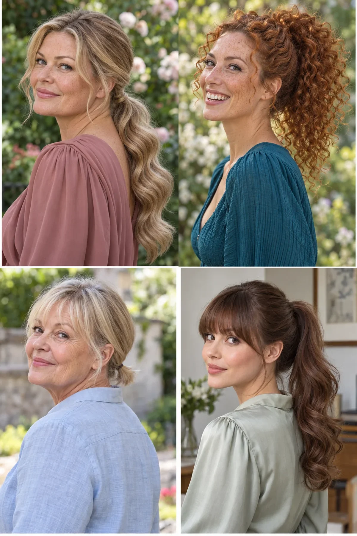 Four ponytail hairstyles showing low waves, high curls, a short gathered bob and a full fringe