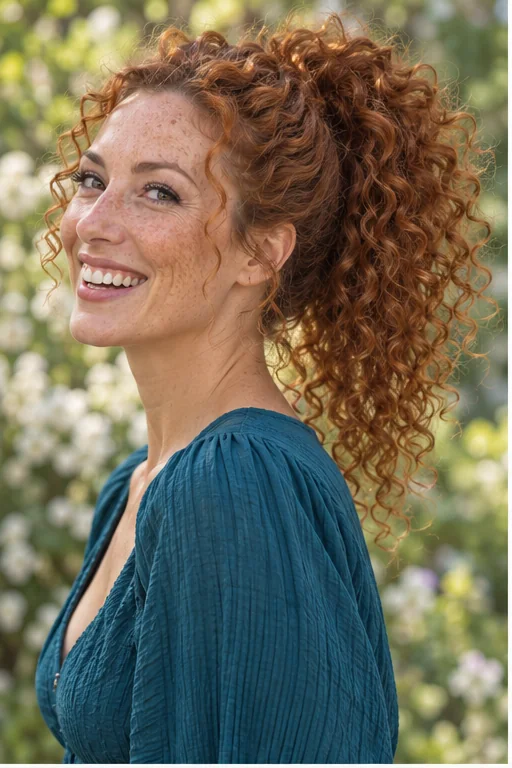 Copper curls gathered into a high ponytail with intact rounded curl groups and softly lifted roots