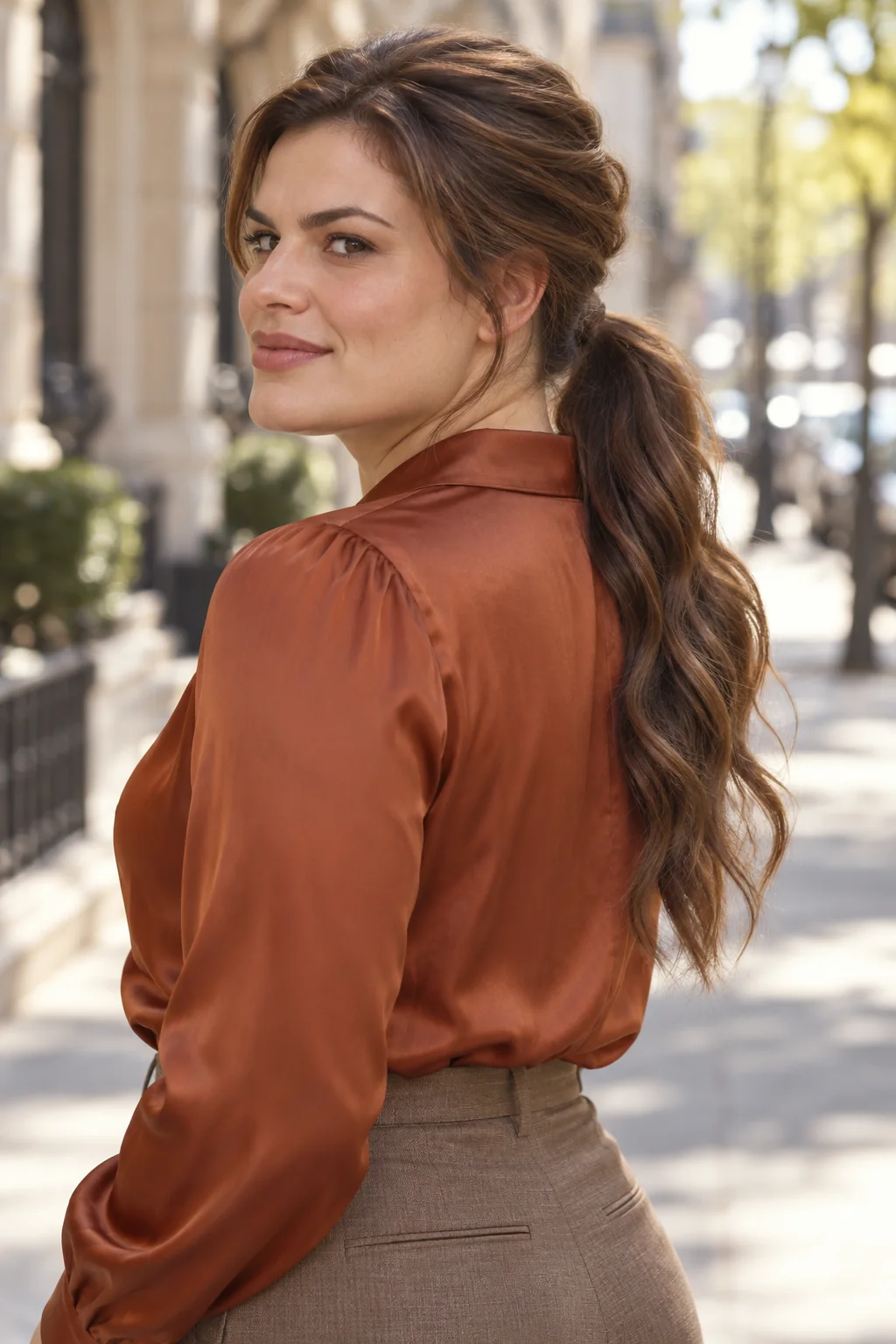 Brown hair with a softly loosened rounded crown above a mid-low textured ponytail