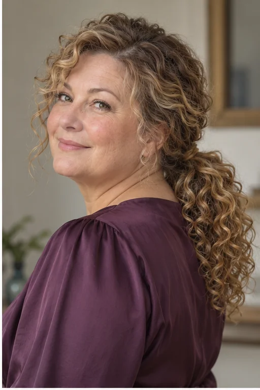 Dark blonde curly hair with a soft side part and a low ponytail retaining defined curls