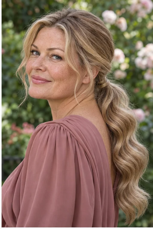 Honey blonde hair in a low ponytail with broad S waves and two soft temple pieces