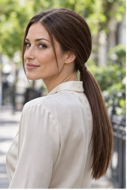 Chestnut hair with a center part gathered into a smooth low ponytail at the nape