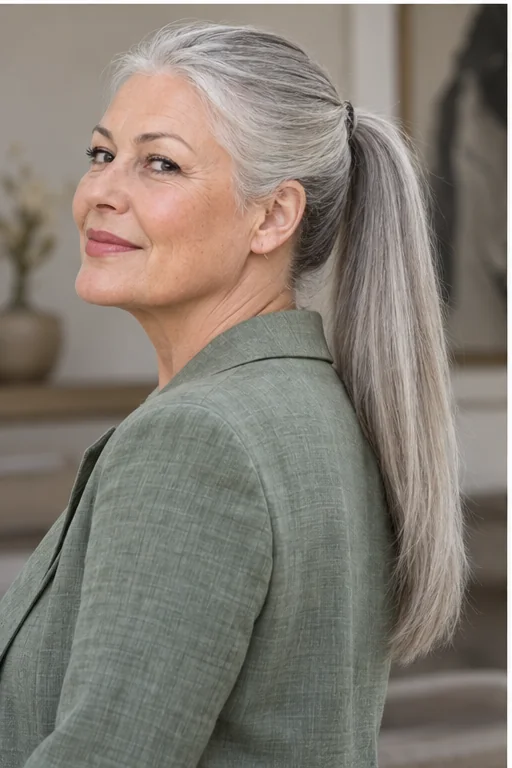 Silver hair gathered midway up the back of the head with a smooth straight ponytail