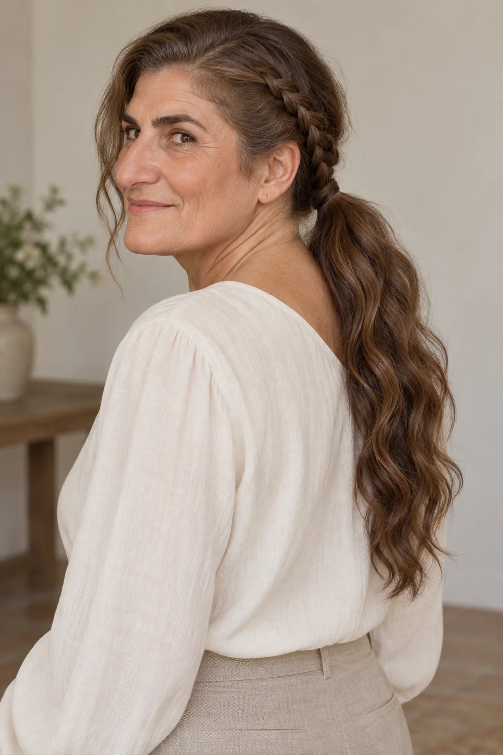 Brown hair with one visible side braid leading above the ear into a low wavy ponytail