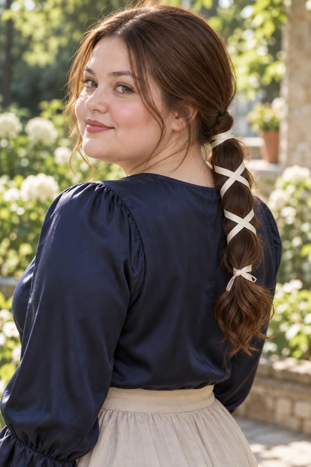 Chestnut low ponytail with a narrow cream ribbon crossing visibly around the tail and a loose wavy tip