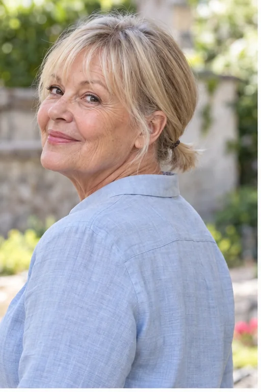 Collar-length blonde bob in a small low ponytail with short nape wisps and a compact free tail