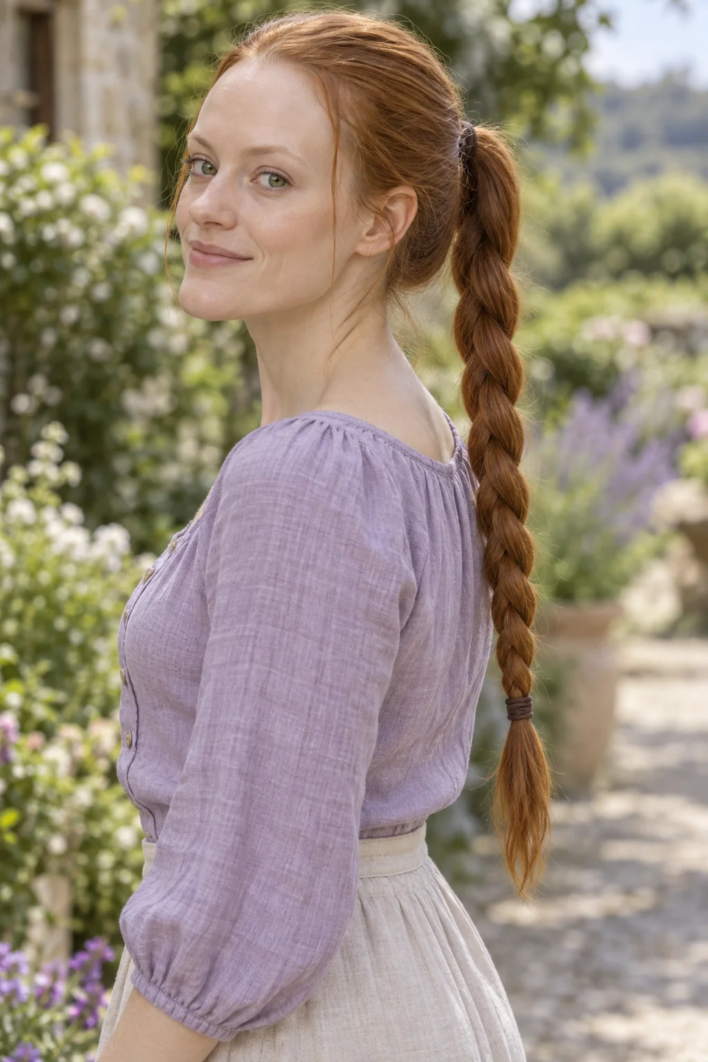 Copper hair in a smooth mid-height ponytail with the free length worked into one three-strand braid