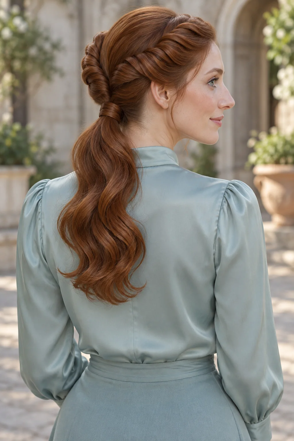 Auburn hair with a loose inward twist on each side joining a soft low wavy ponytail