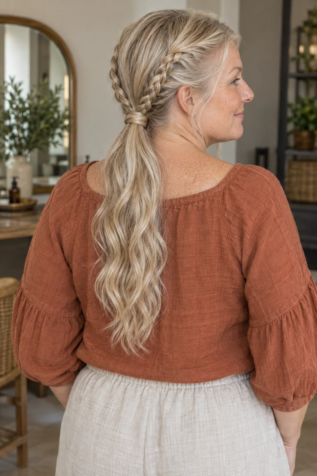 Silver blonde hair with a braid along each side joining one loose low ponytail at the back