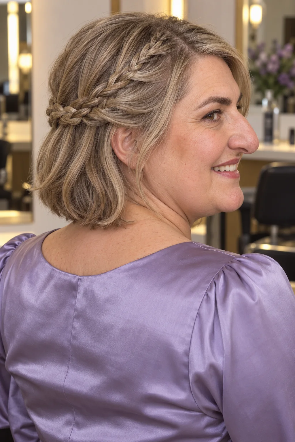 Ash blonde bob with two small side plaits joined across the back
