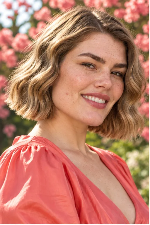 Dark blonde chin-length bob styled with loose defined S-shaped waves