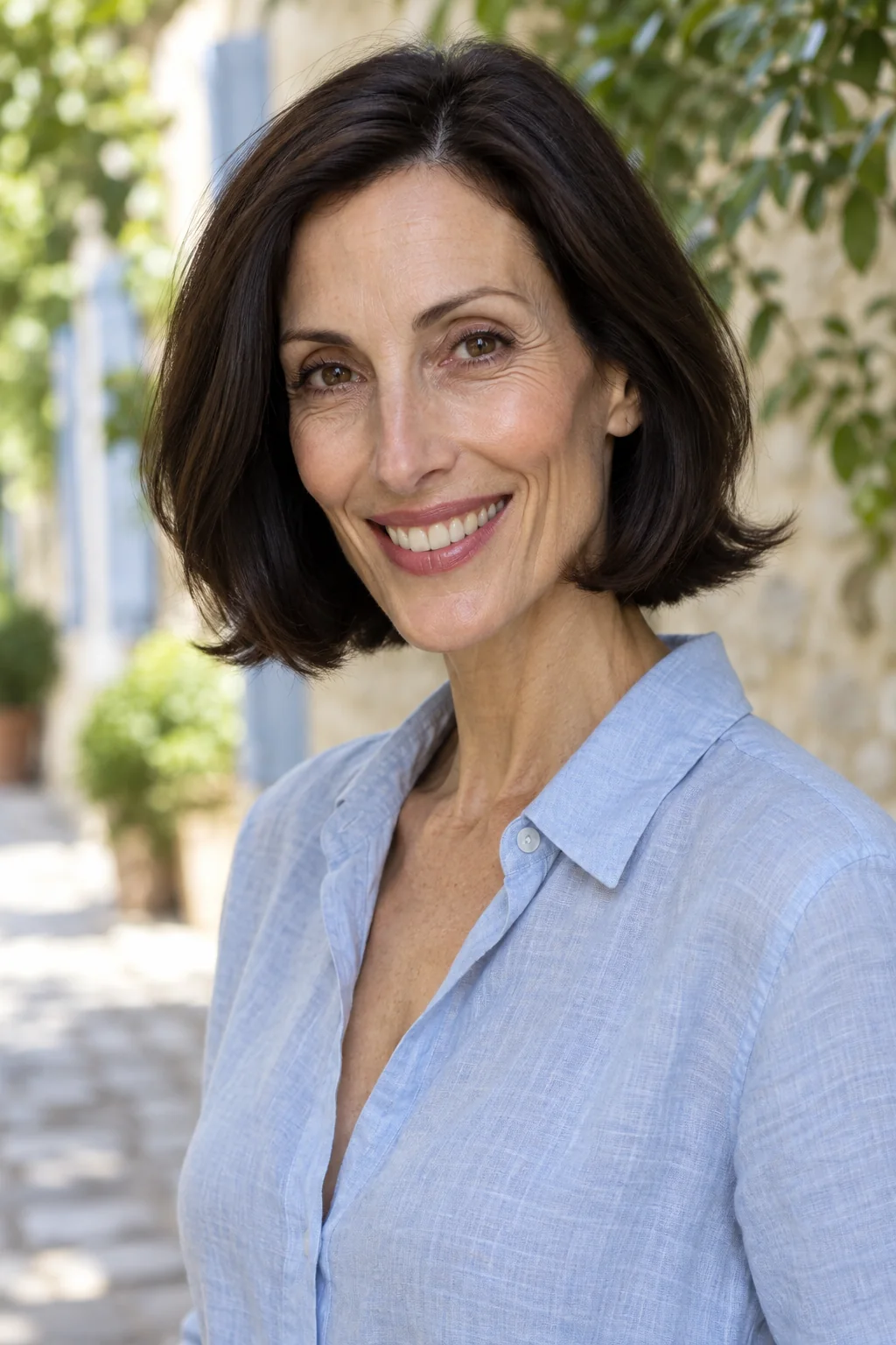 Black-brown jaw-to-neck-length bob with neatly flipped-out ends