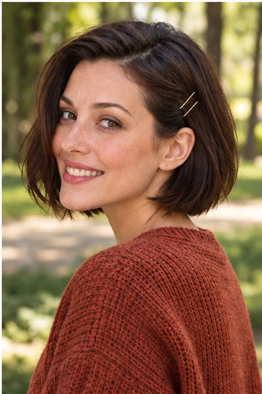 Espresso chin-length bob with two small parallel pins above one ear