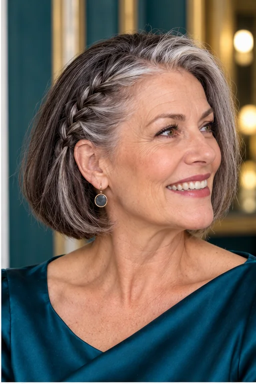 Silver-streaked bob with a flat French braid on one side