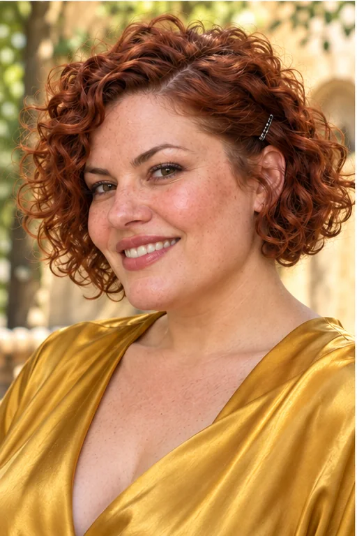 Short auburn curly bob with one temple section pinned back and curls left defined