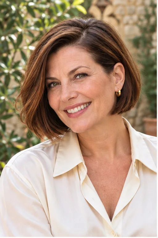 Chin-length chestnut bob with a deep side part and one side tucked behind the ear