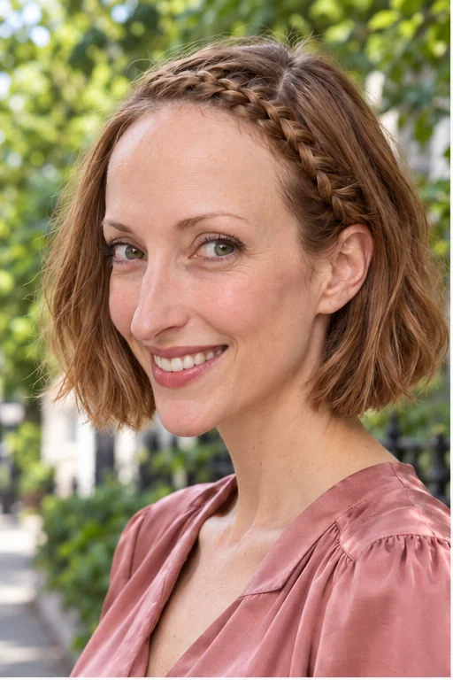 Caramel bob with a narrow raised Dutch braid along the front hairline