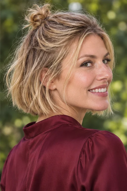 Blonde neck-length bob with a small half-up crown knot
